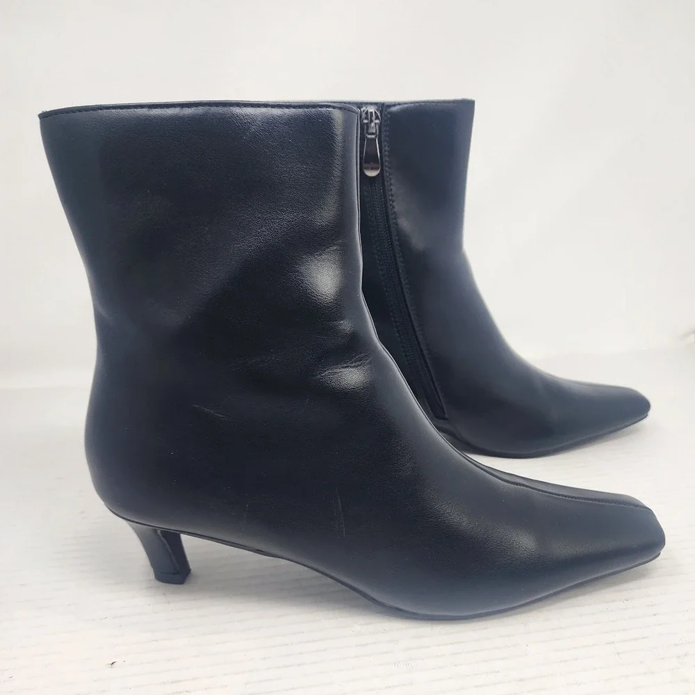 Womens Black Faux Leather Square Toe Kitten‎ Heel Ankle Boots Size 9 Side Zip